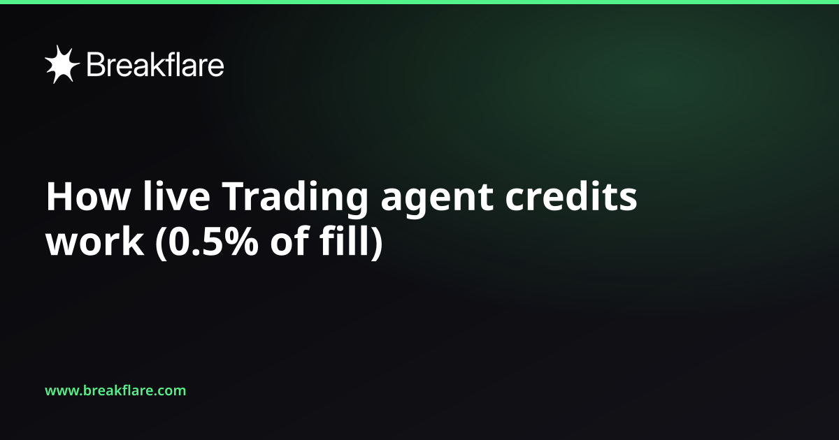 How live Trading agent credits work (0.5% of fill) - Breakflare blog cover